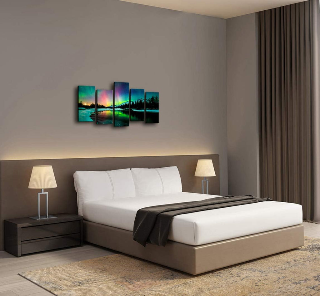 5 Pieces Green Aurora Borealis Scenery Canvas Prints Ready to Hang F799469