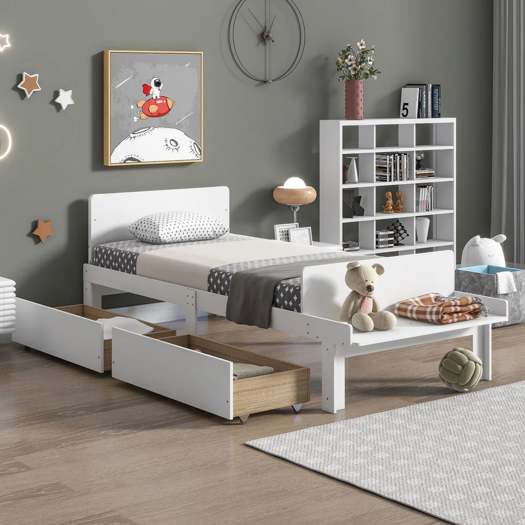 White Twin Size Wood Platform Bed Frame with 2 Storage Drawers K607