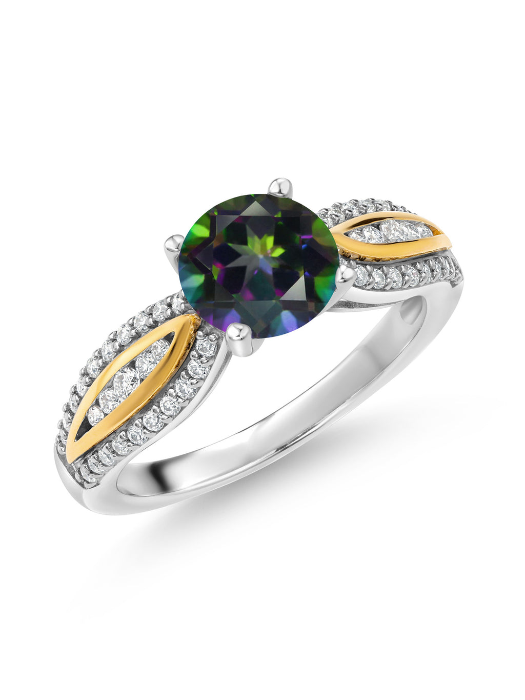 925 Silver 10K Yellow Gold Green Mystic Topaz White Lab Grown Diamond Ring Z5018