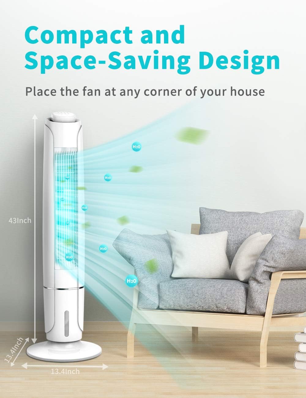 Portable Evaporative Air Cooler, 3 Speeds, 60° Oscillation, 12H Timer, 43IN Tall Y8562