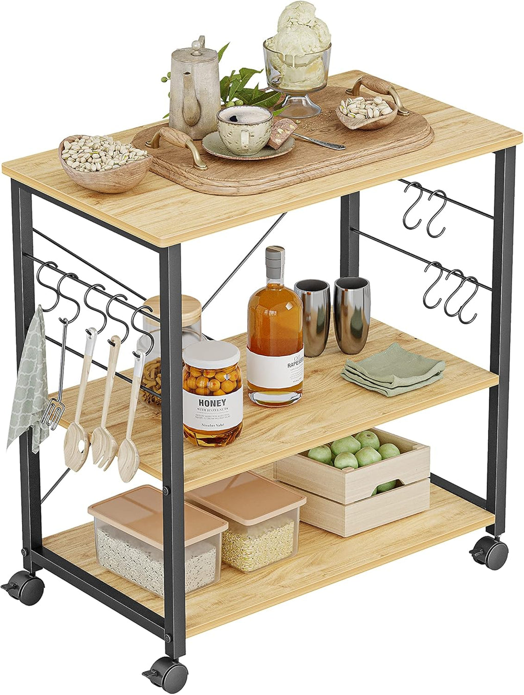 3 Tier Metal Kitchen Cart with Wheels and 10 Hooks B929