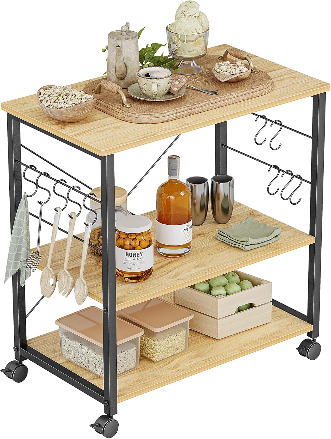 3 Tier Metal Kitchen Cart with Wheels and 10 Hooks B929