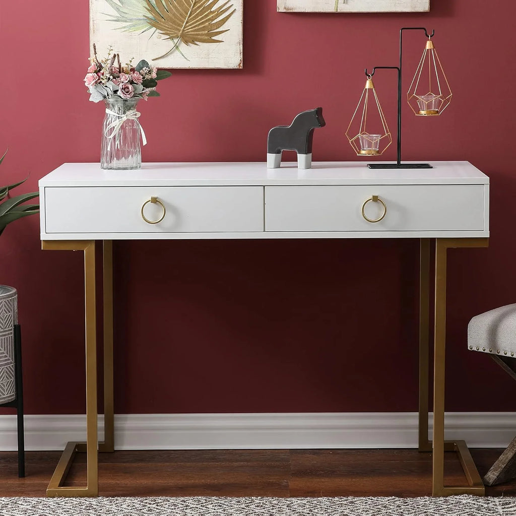 White Gold 2 Drawer Wood Metal Desk I135436