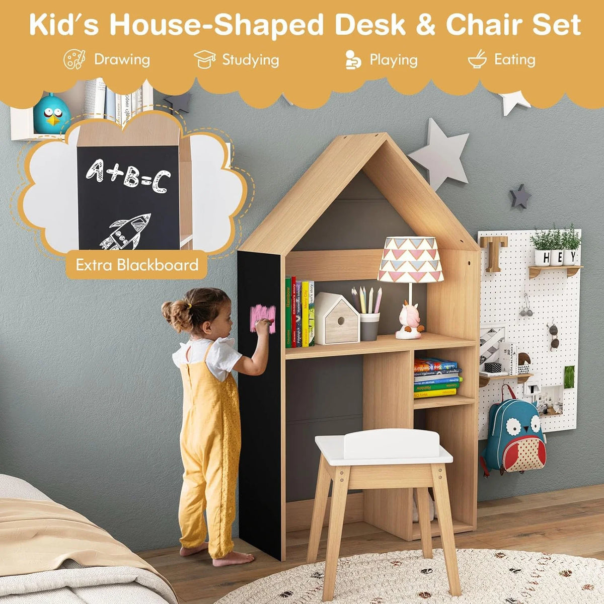 Kids Grey 2-in-1 Wooden Table and Chair Set with Blackboard U2577