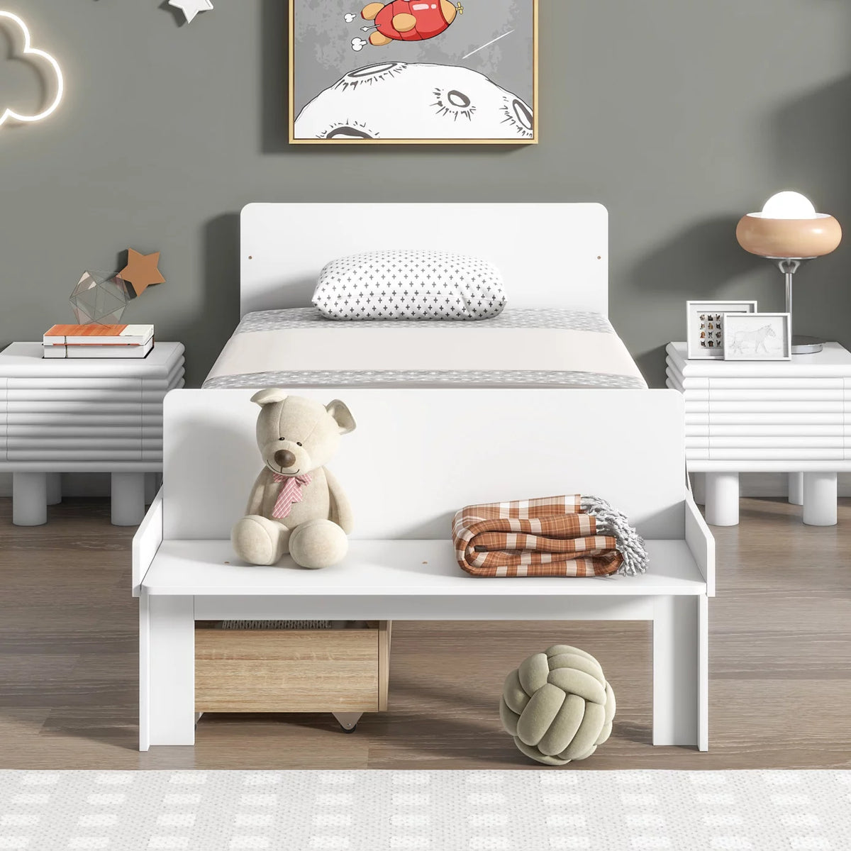 White Twin Size Wood Platform Bed Frame with 2 Storage Drawers K607