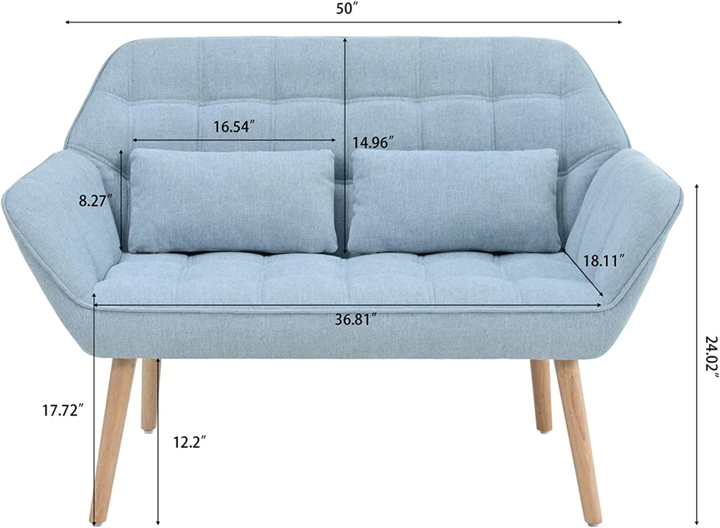 Light Blue Linen Fabric Loveseat Sofa with 2 Pillows Wood Legs Q688982