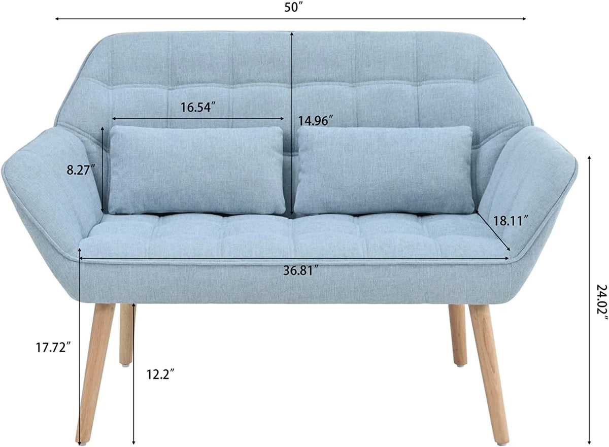 Light Blue Linen Fabric Loveseat Sofa with 2 Pillows Wood Legs Q688982
