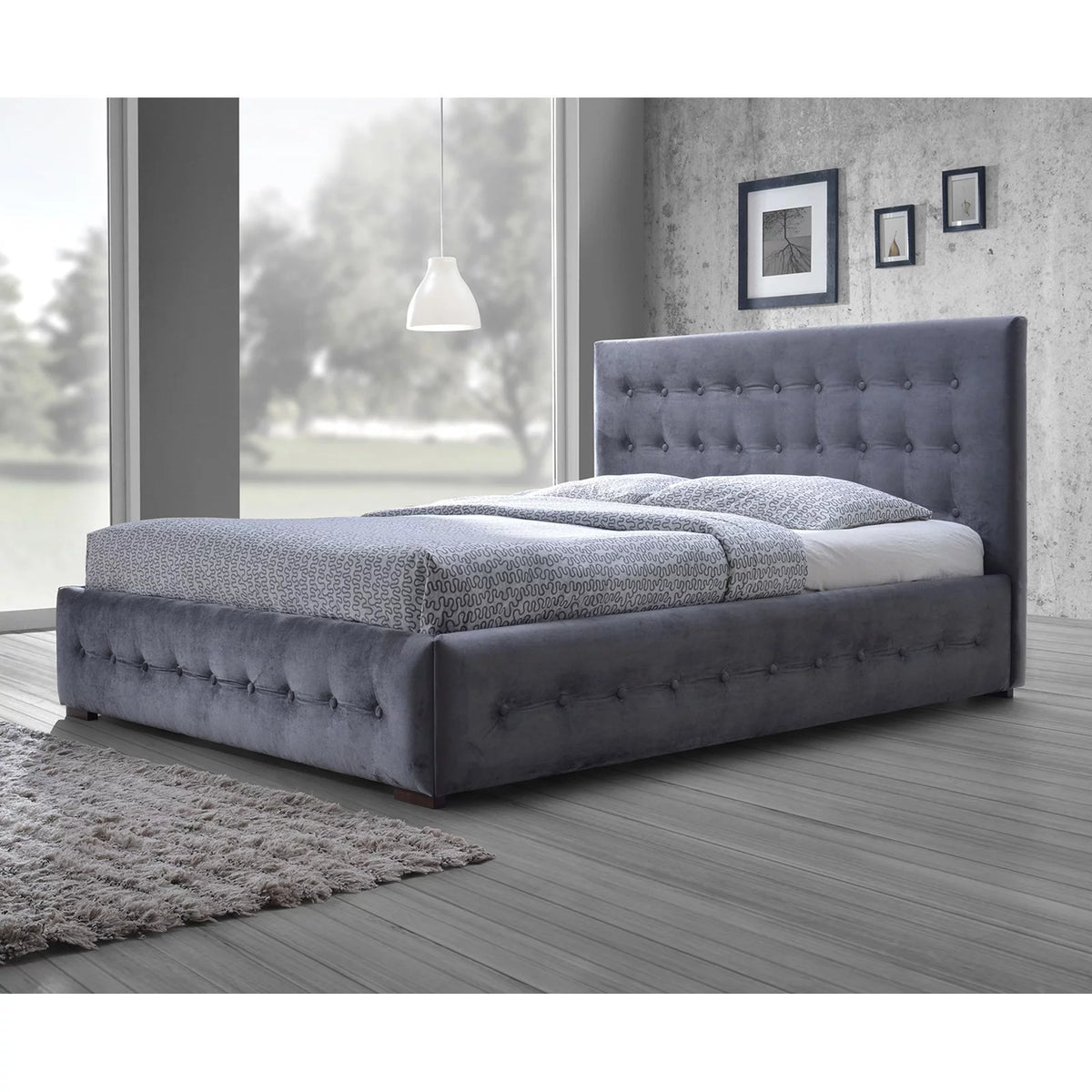 Grey Velvet Button-Tufted Platform Bed I563