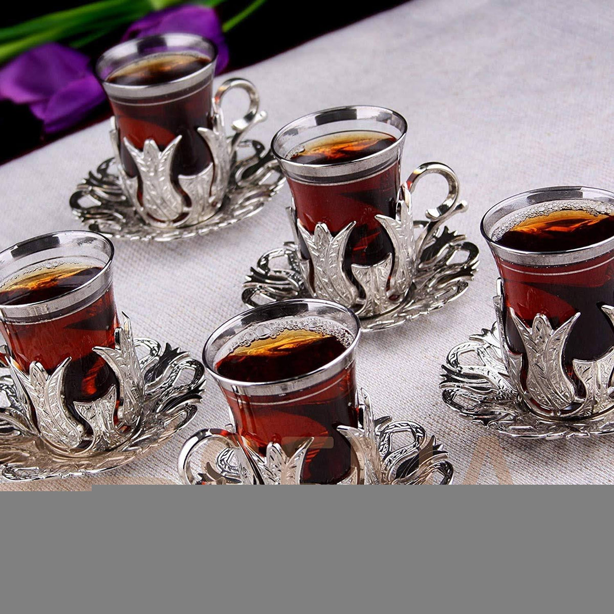 6 x Turkish Tea Glasses Set with Saucers Holders & Spoons (Silver) M696513