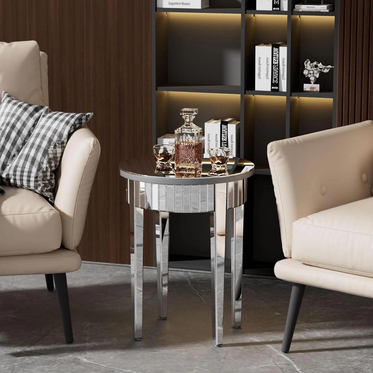 Round Mirrored End Table 17.7 inches Beveled Glass A7337