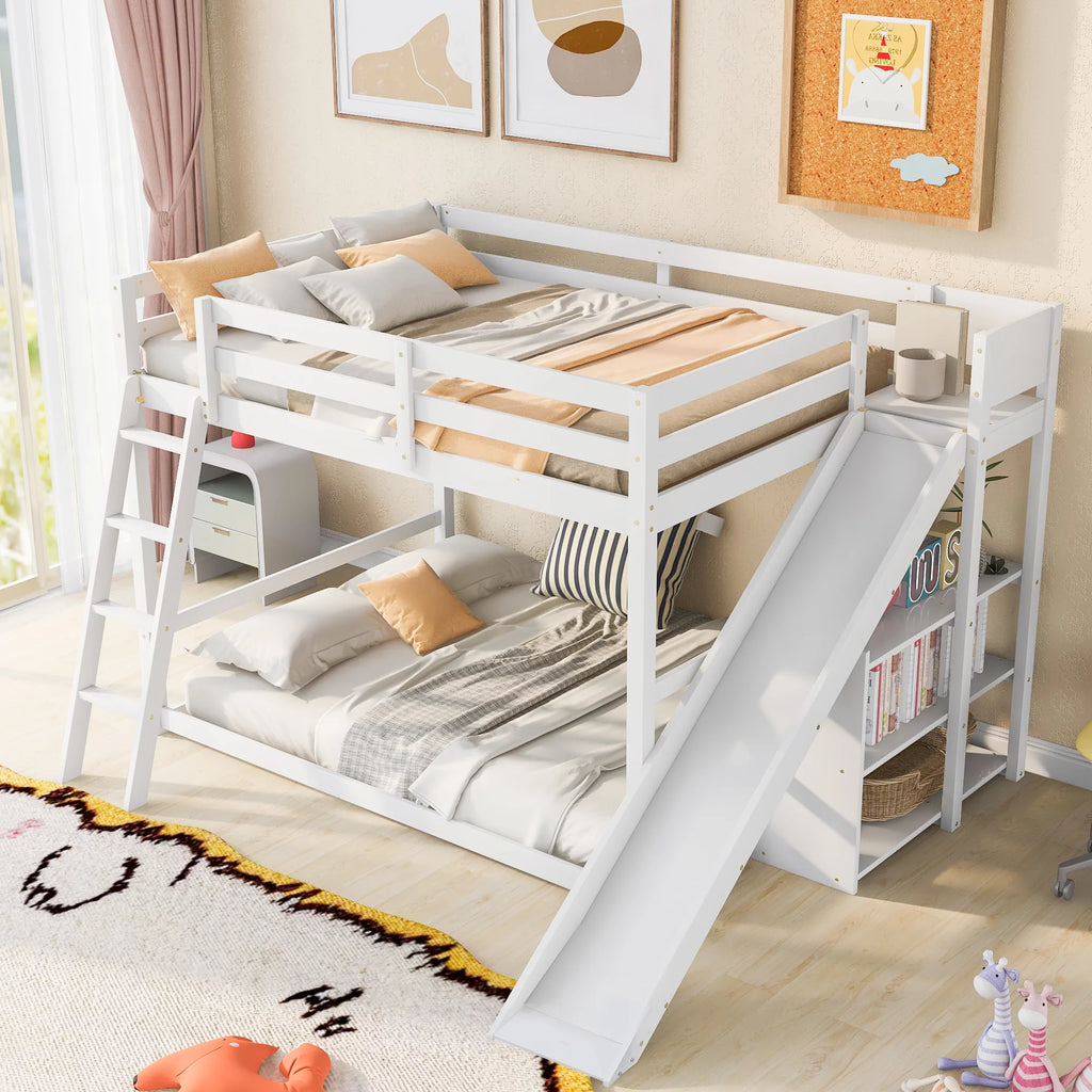 Full Over Full Solid Wood Bunk Bed with Slide and Bookshelves Y17946