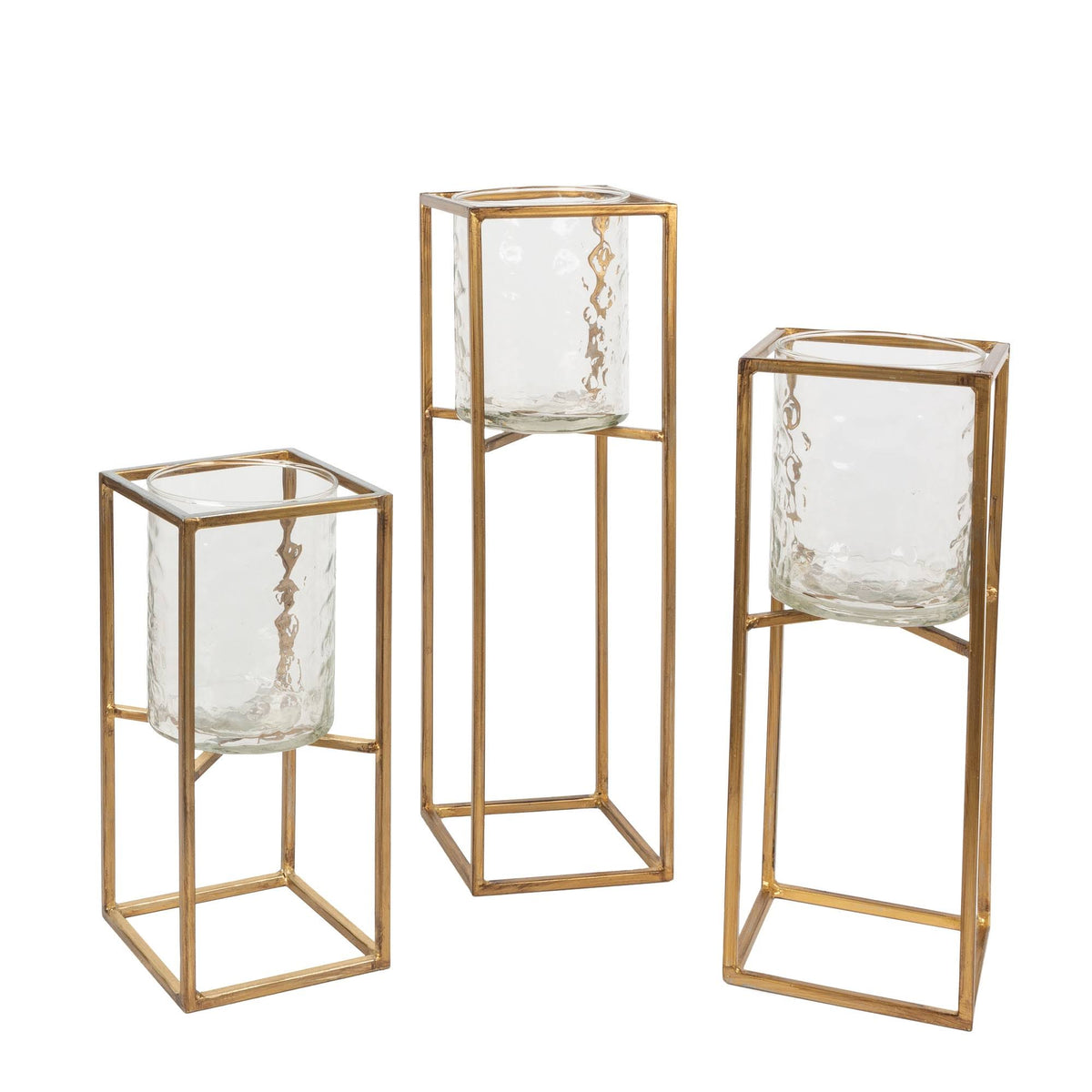 Textured Glass and Gold Metal Candle Holder Set of 3 C776