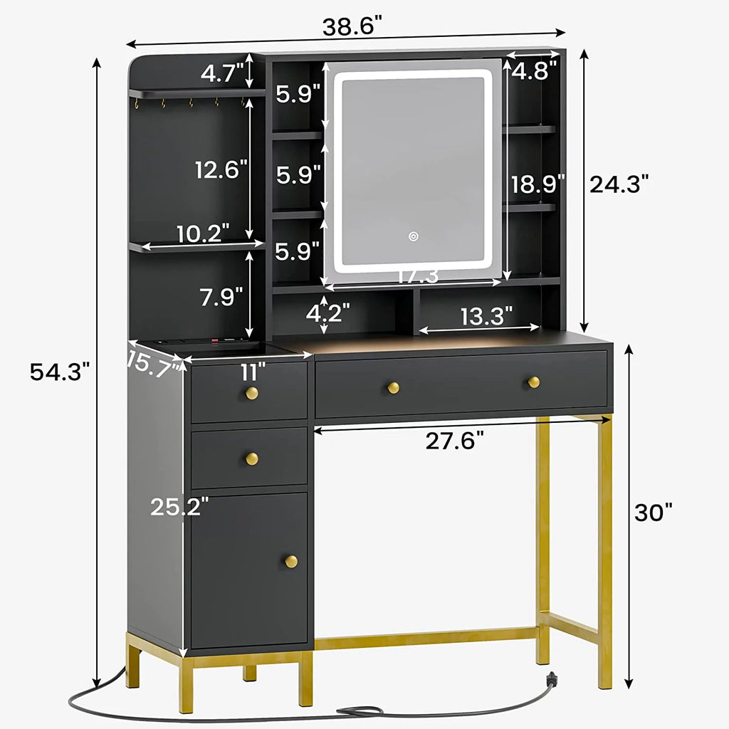Black Vanity Set Desk Table with Mirror and Storage Shelves Z983