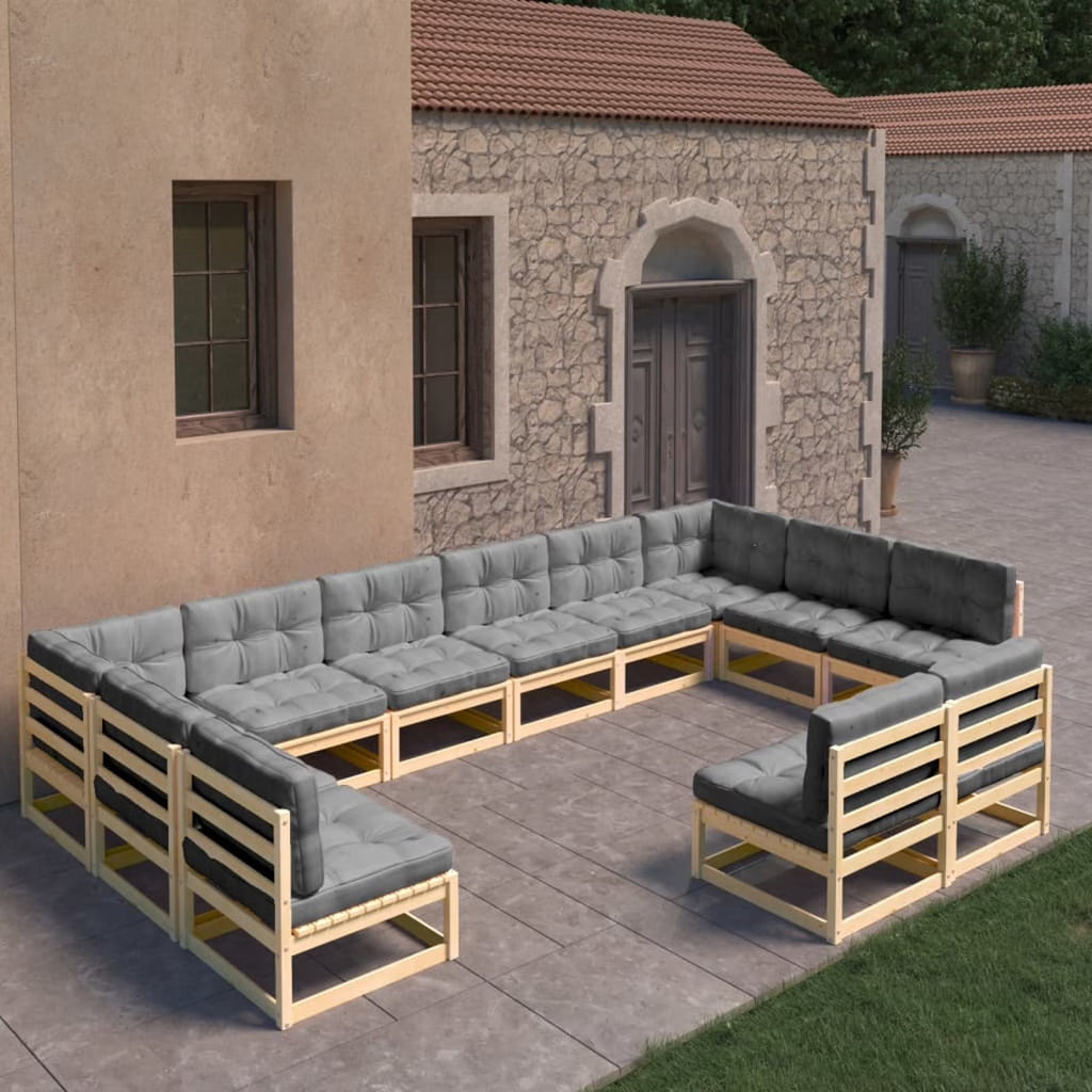 12 Piece Gray Cushioned Pinewood Sectional Outdoor Furniture Set F766584