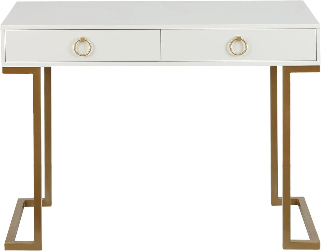 White Gold 2 Drawer Wood Metal Desk I135436