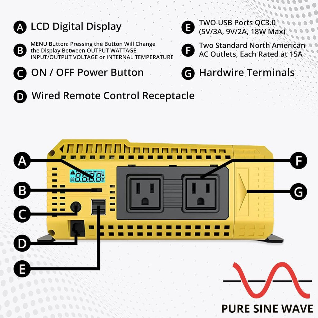 2000 Watt 12V Pure Sine Power Inverter Dual USB & AC Outlets M7015