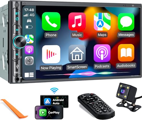 Wireless Double Din Car Stereo with Carplay, Android Auto, Bluetooth, 7" Touchscreen, Backup Camera C91924