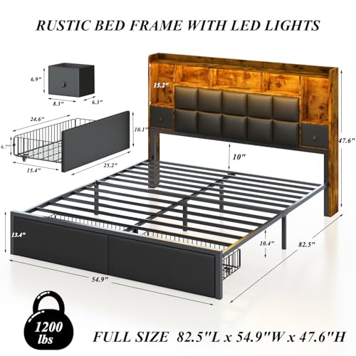 Full Size LED Upholstered Platform Bed Frame with Bookshelf Headboard and 2 Hidden Storage Drawers D685