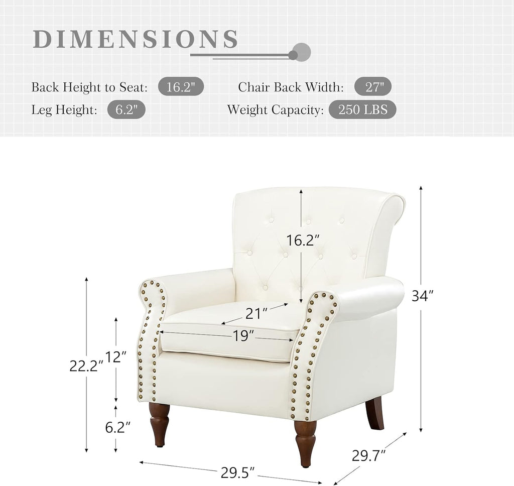 Ivory Faux Leather Accent Chair with Solid Wood Legs F1726