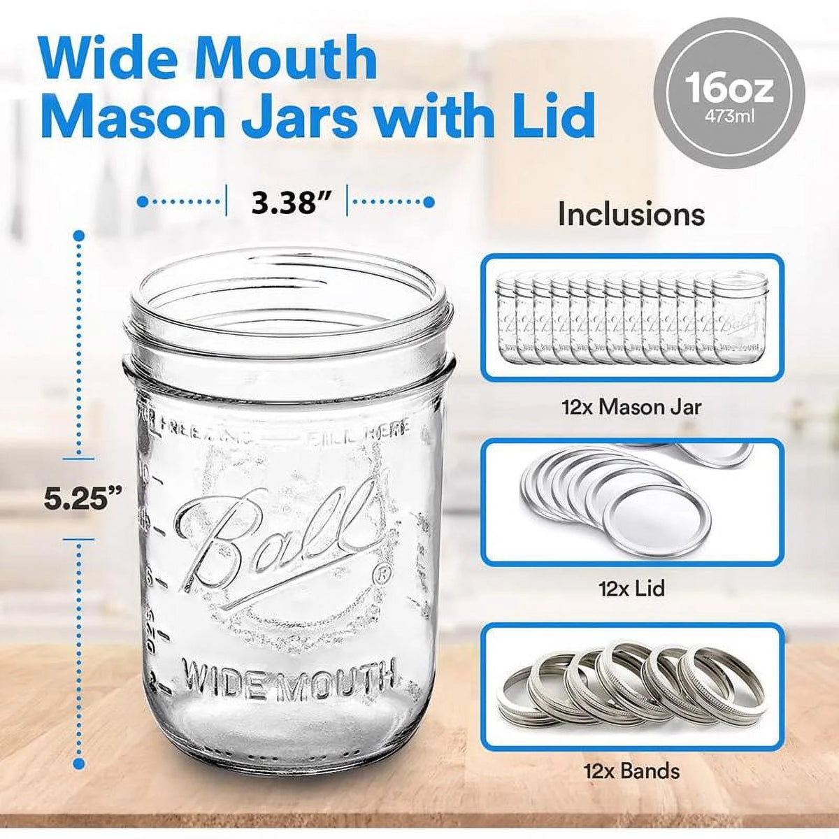 Glass Mason Jars with Lids & Bands, Wide Mouth, Clear, 16 oz, 12 Count P63749