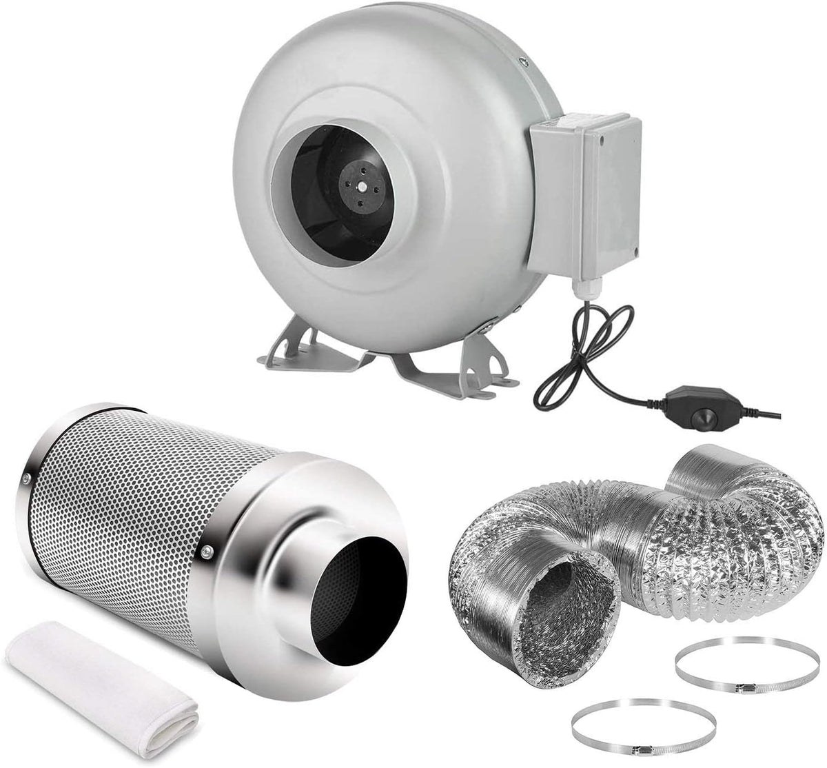 4 Inch 154 CFM Inline Ventilation Fan with Variable Speed Controller and 4” Air Carbon Filter 8 Feet Ducting Combo Set W320399