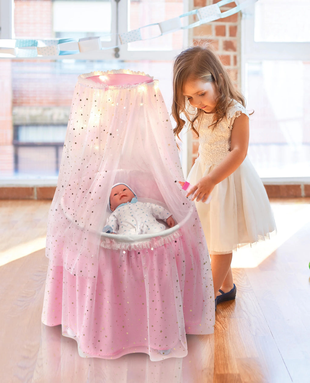 Pink Doll Bassinet with Canopy and Lights for 18 inch Dolls I38420