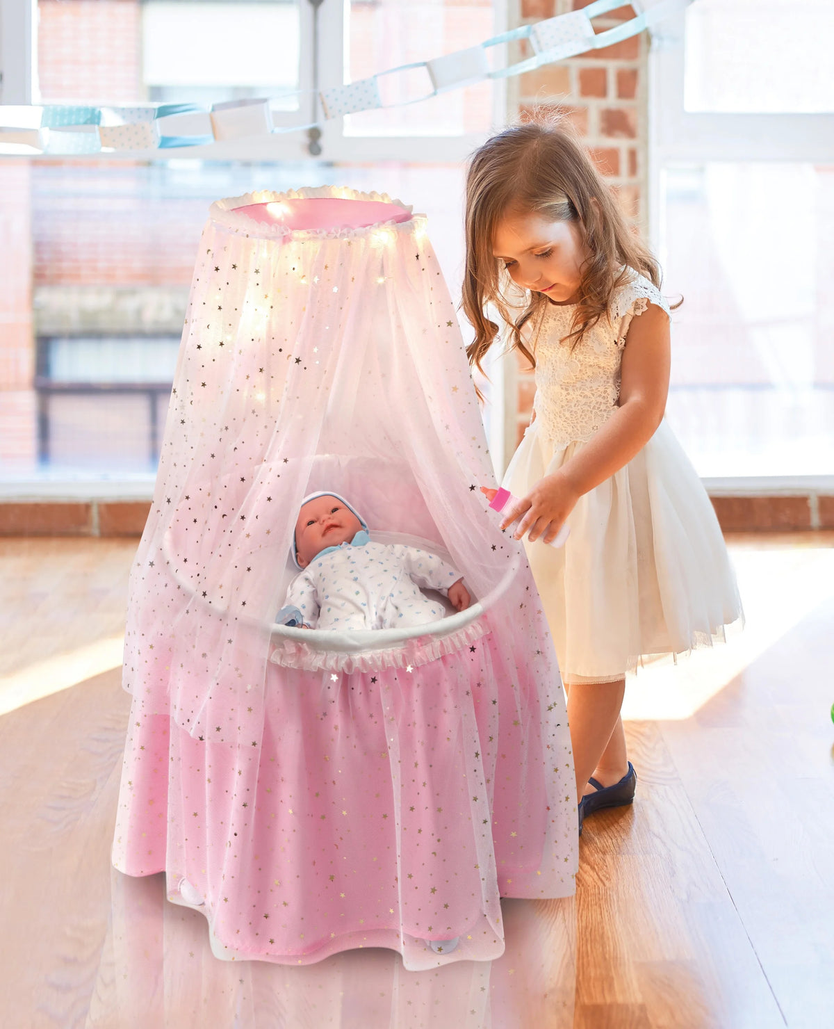Pink Doll Bassinet with Canopy and Lights for 18 inch Dolls I38420