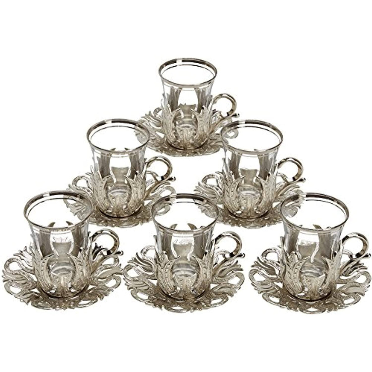 6 x Turkish Tea Glasses Set with Saucers Holders & Spoons (Silver) M696513