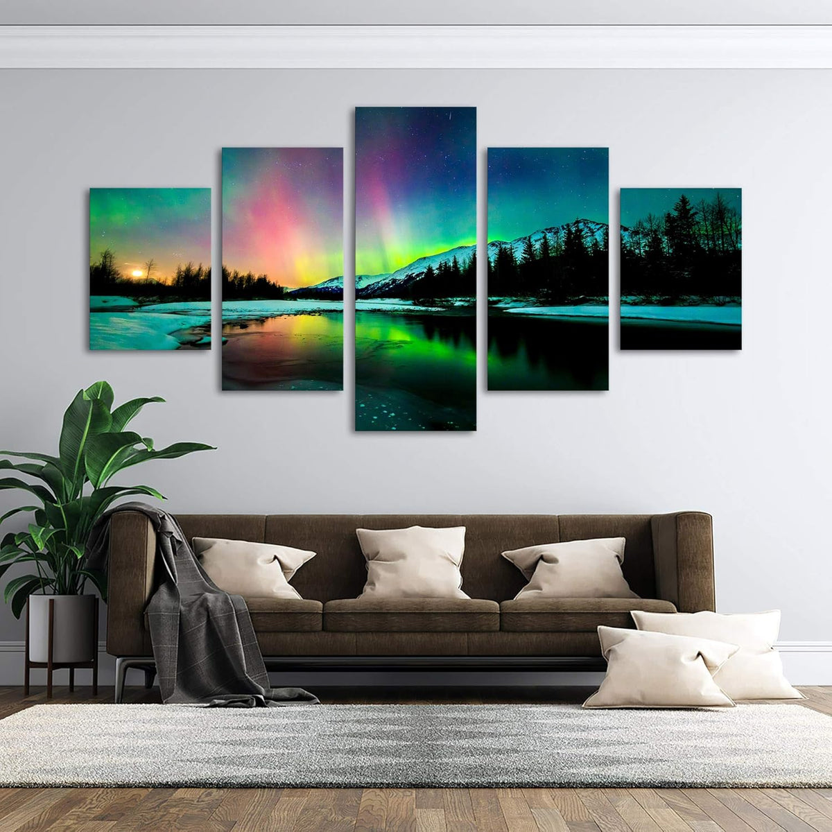 5 Pieces Green Aurora Borealis Scenery Canvas Prints Ready to Hang F799469
