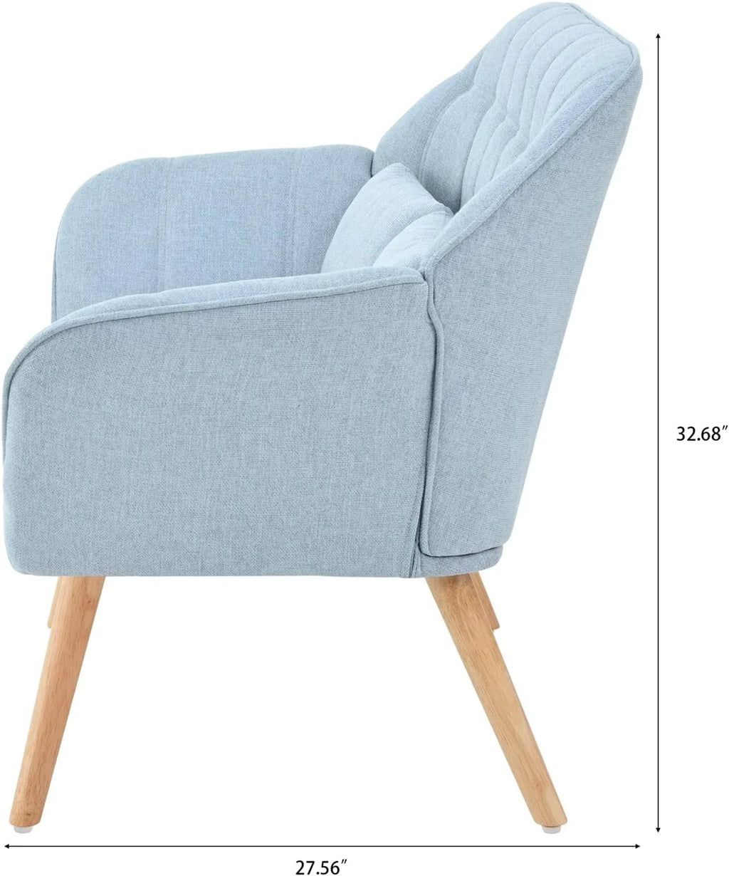 Light Blue Linen Fabric Loveseat Sofa with 2 Pillows Wood Legs Q688982