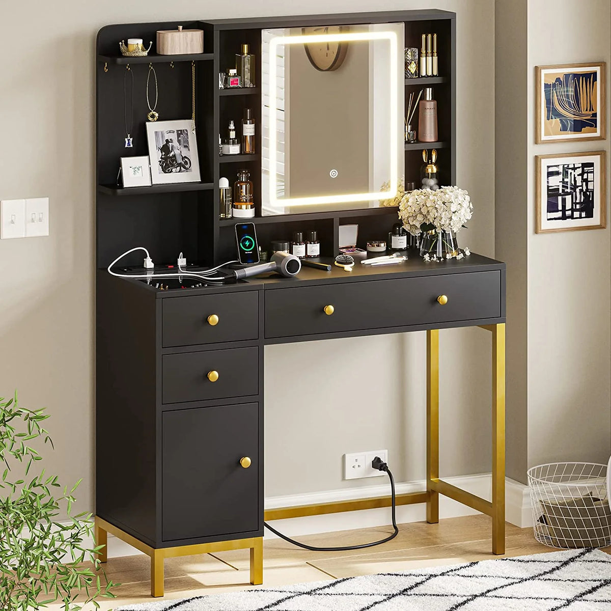 Black Vanity Set Desk Table with Mirror and Storage Shelves Z983