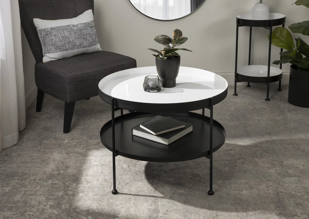 26 Inch White and Black Round Metal Coffee Table A334