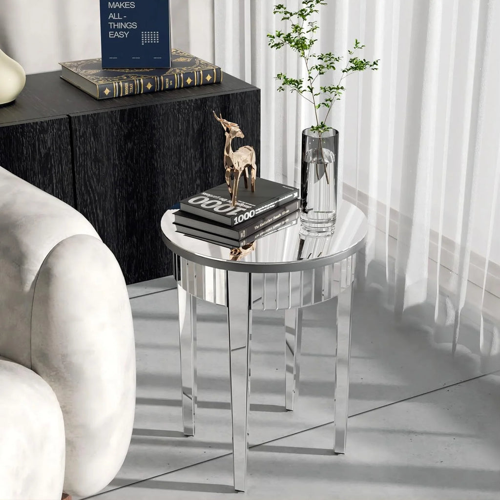 Round Mirrored End Table 17.7 inches Beveled Glass A7337
