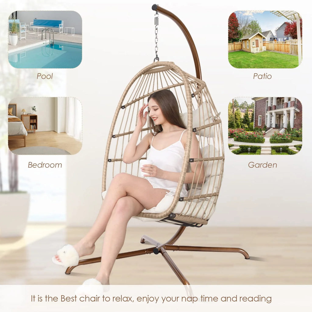 Foldable Brown PE Wicker Hanging Egg Chair with Stand Q4025