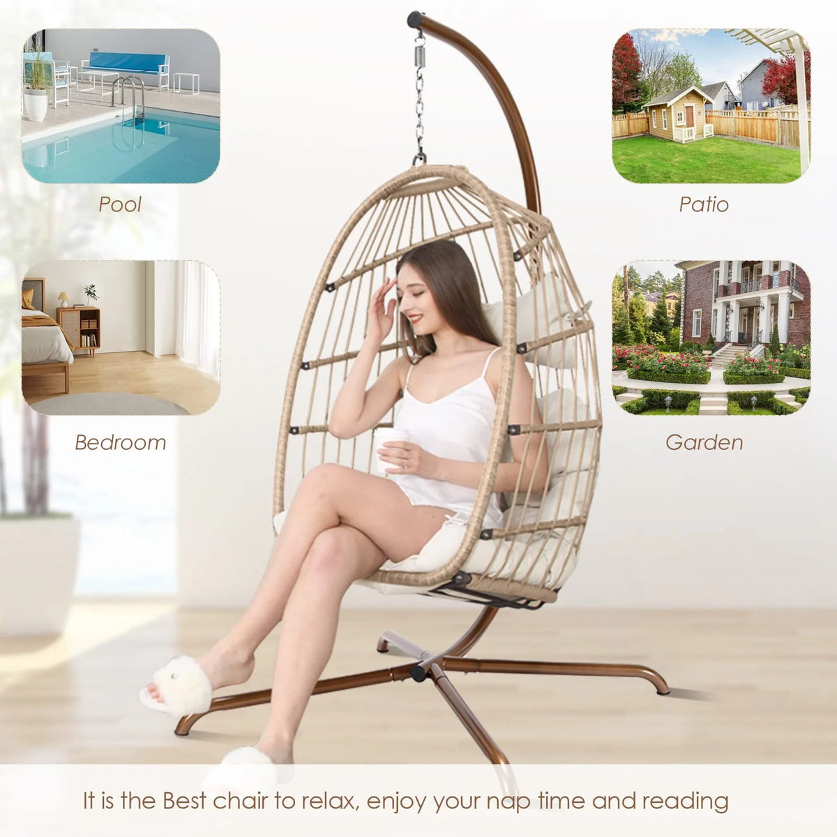 Foldable Brown PE Wicker Hanging Egg Chair with Stand Q4025