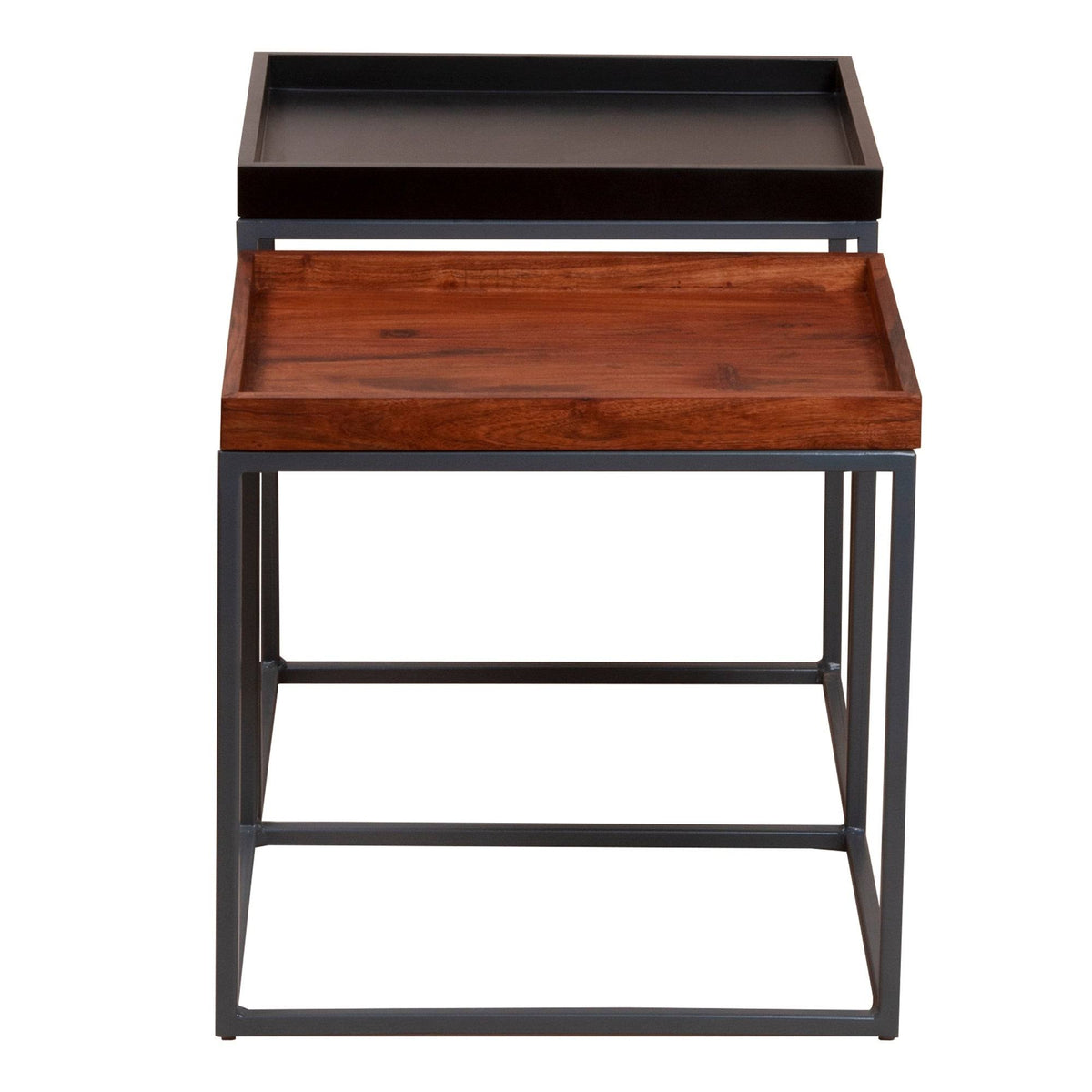 2 Piece Wooden Tray Top Nesting Table Set with Metal Frame, Brown and Black J902
