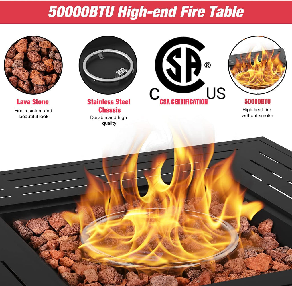 Propane Gas Fire Pit Table 50,000 BTU with Glass Wind Guard F503