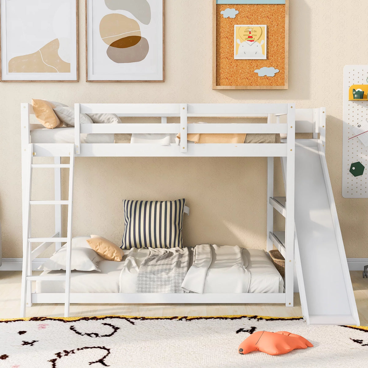Full Over Full Solid Wood Bunk Bed with Slide and Bookshelves Y17946
