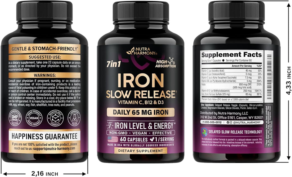 60 Capsules Iron 65mg Ferrous Sulfate 325mg Slow Release O8846