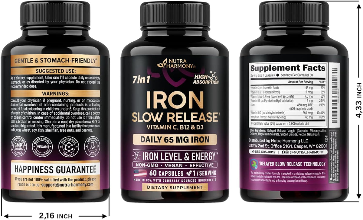 60 Capsules Iron 65mg Ferrous Sulfate 325mg Slow Release O8846