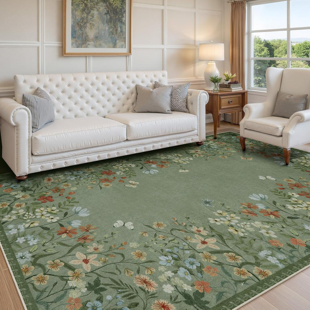 Green Floral 4x6 Washable Low-Pile Area Rug G46025