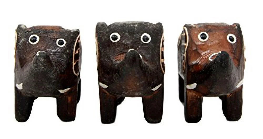 Hand Made Wood Elephant Family Miniature Figurine Set 2.5"L A87555
