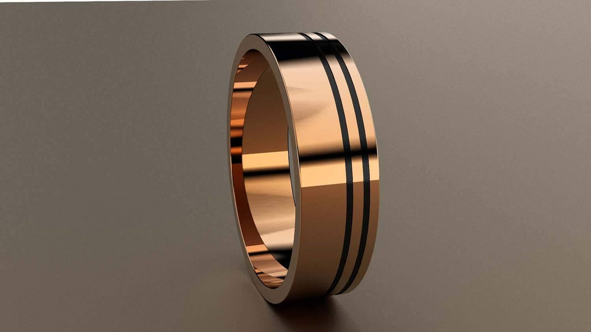 Polished Rose Gold 6mm Double Offset Black Groove Wedding Band 10kt E269
