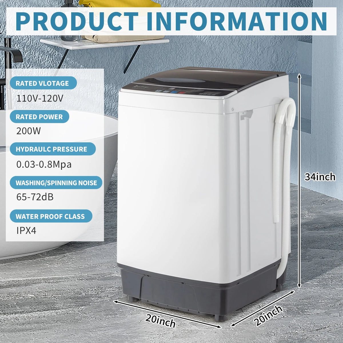 Full Automatic Washing Machine, Portable Laundry Washer with Drain Pump, White And Black S275497