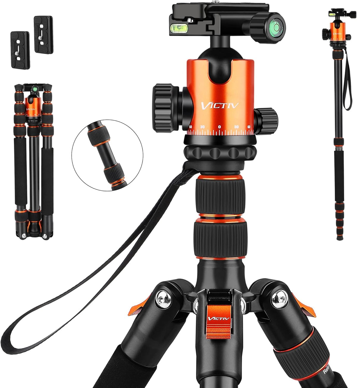 80" Aluminum Travel Tripod and Compact Monopod, 360 Degree Ball Head, 34lbs Load, Pack of 2 P868891