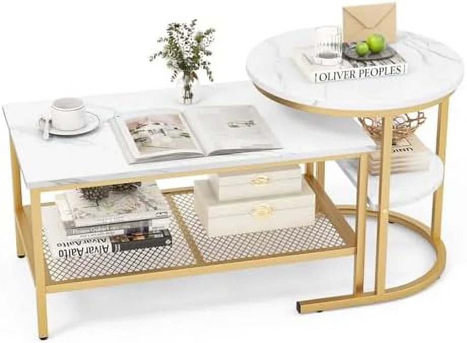 2 PCS Faux Marble Top Coffee Table Set I7945