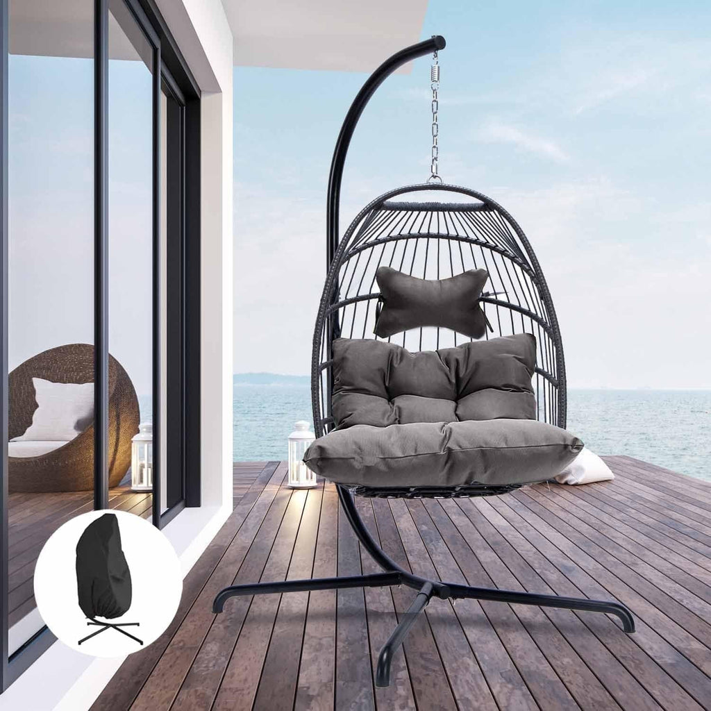 Foldable Brown PE Wicker Hanging Egg Chair with Stand Q4025