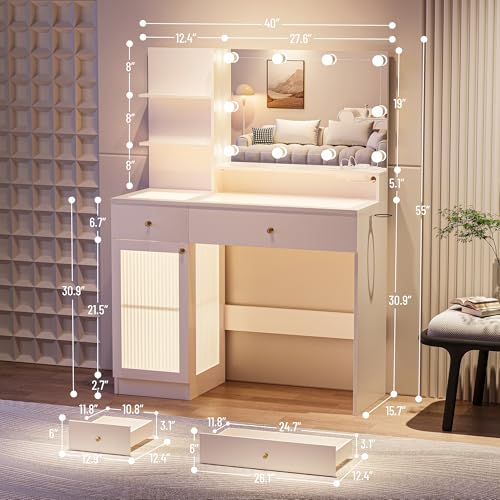 40" White Vanity Desk with Mirror and Lights K577512