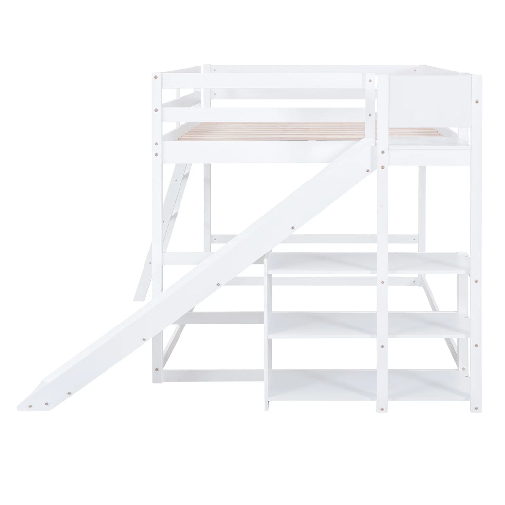 Full Over Full Solid Wood Bunk Bed with Slide and Bookshelves Y17946
