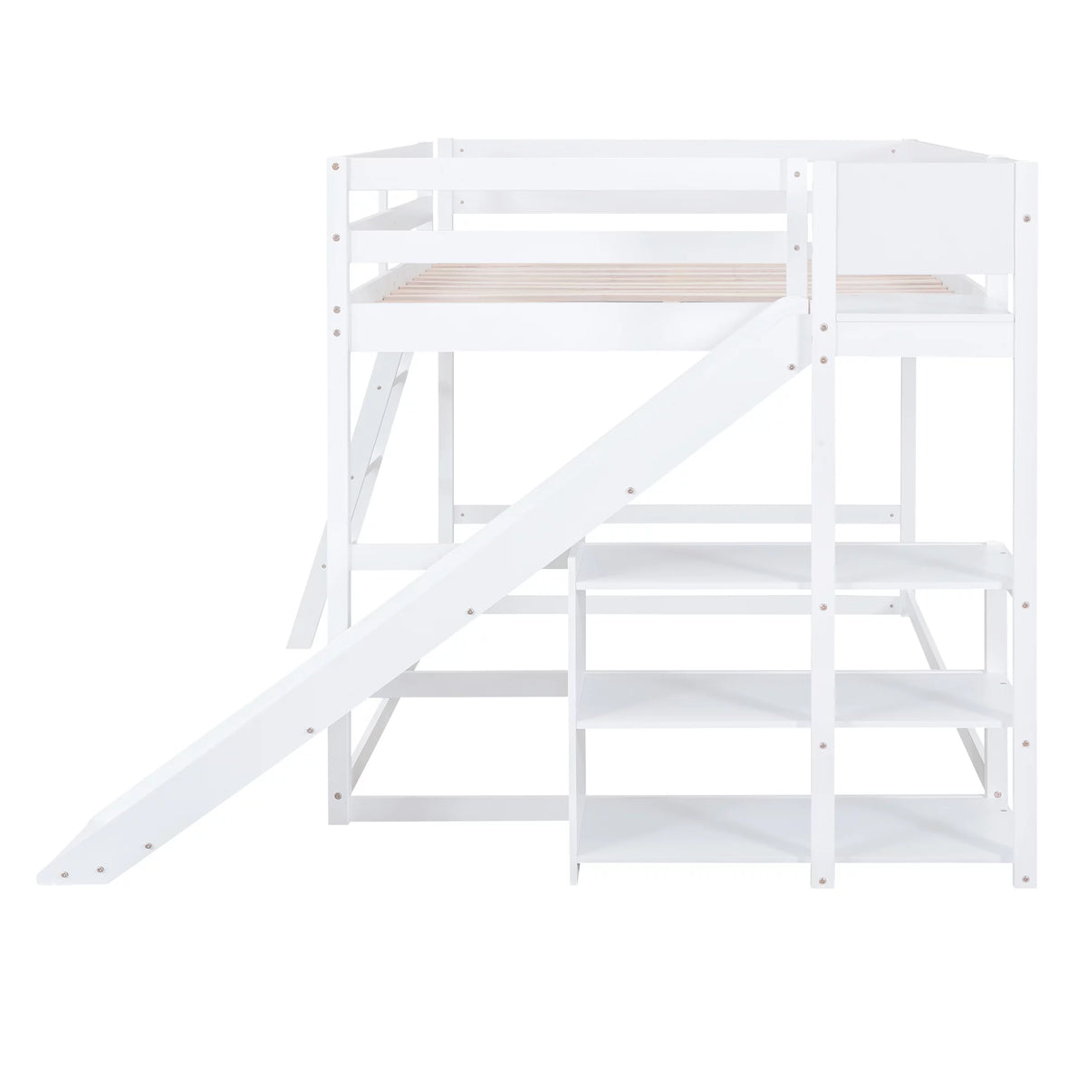 Full Over Full Solid Wood Bunk Bed with Slide and Bookshelves Y17946